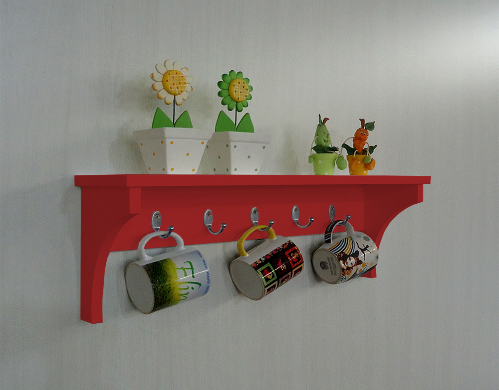 Prateleira Cabideiro Suporte Porta Canecas Utensílios de Cozinha Mochilas Bolsas - Vermelho Laca