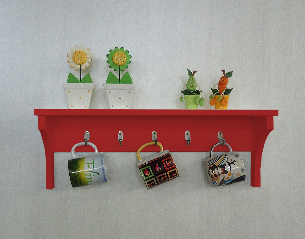 Prateleira Cabideiro Suporte Porta Canecas Utensílios de Cozinha Mochilas Bolsas - Vermelho Laca