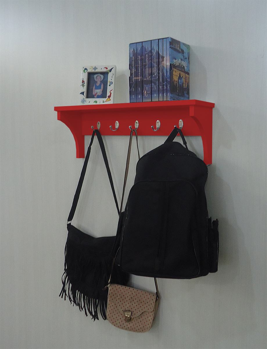 Prateleira Cabideiro Suporte Porta Canecas Utensílios de Cozinha Mochilas Bolsas - Vermelho Laca