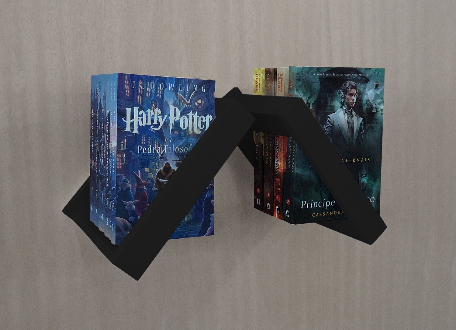 Prateleira Porta Livros Suporte Estante Nicho Decorativo 2 Peças Parede - Preto Laca