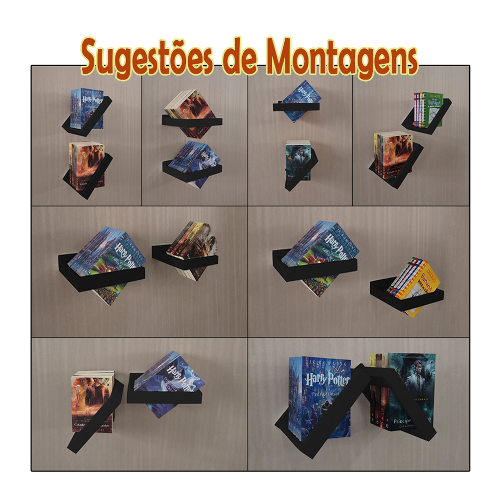 Prateleira Porta Livros Suporte Estante Nicho Decorativo 2 Peças Parede - Preto Laca
