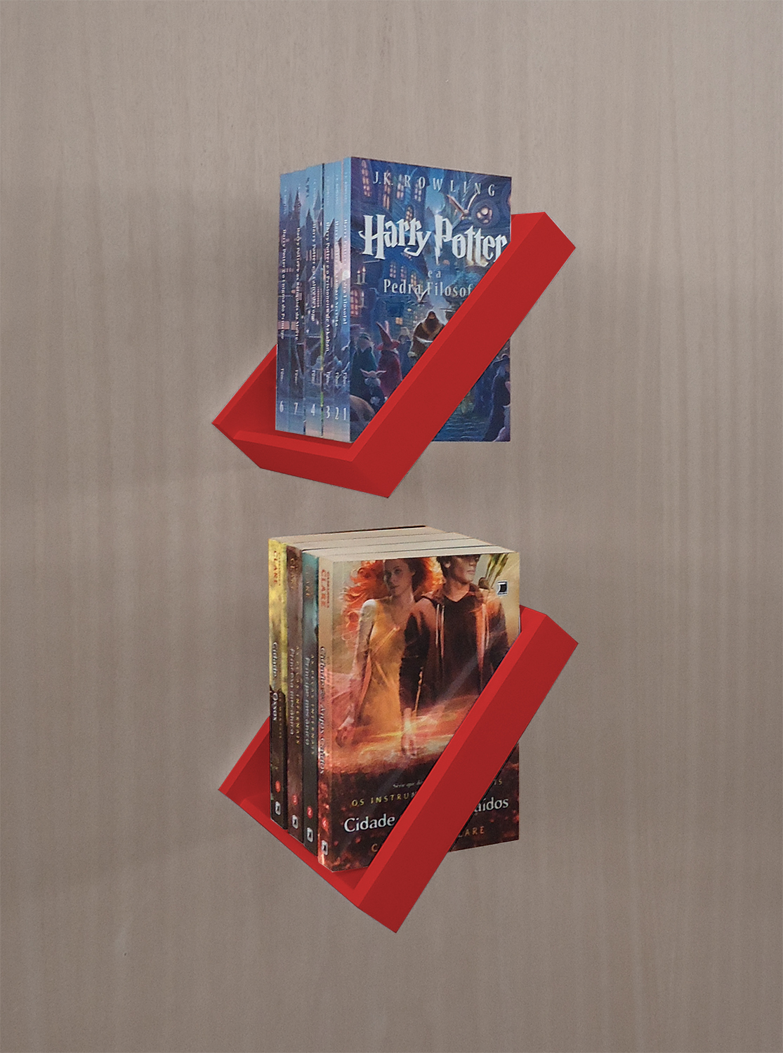 Prateleira Porta Livros Suporte Estante Nicho Decorativo 2 Peças Parede - Vermelho Laca