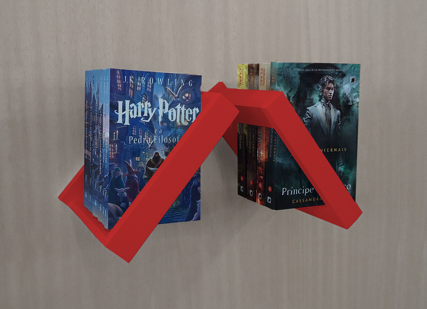 Prateleira Porta Livros Suporte Estante Nicho Decorativo 2 Peças Parede - Vermelho Laca