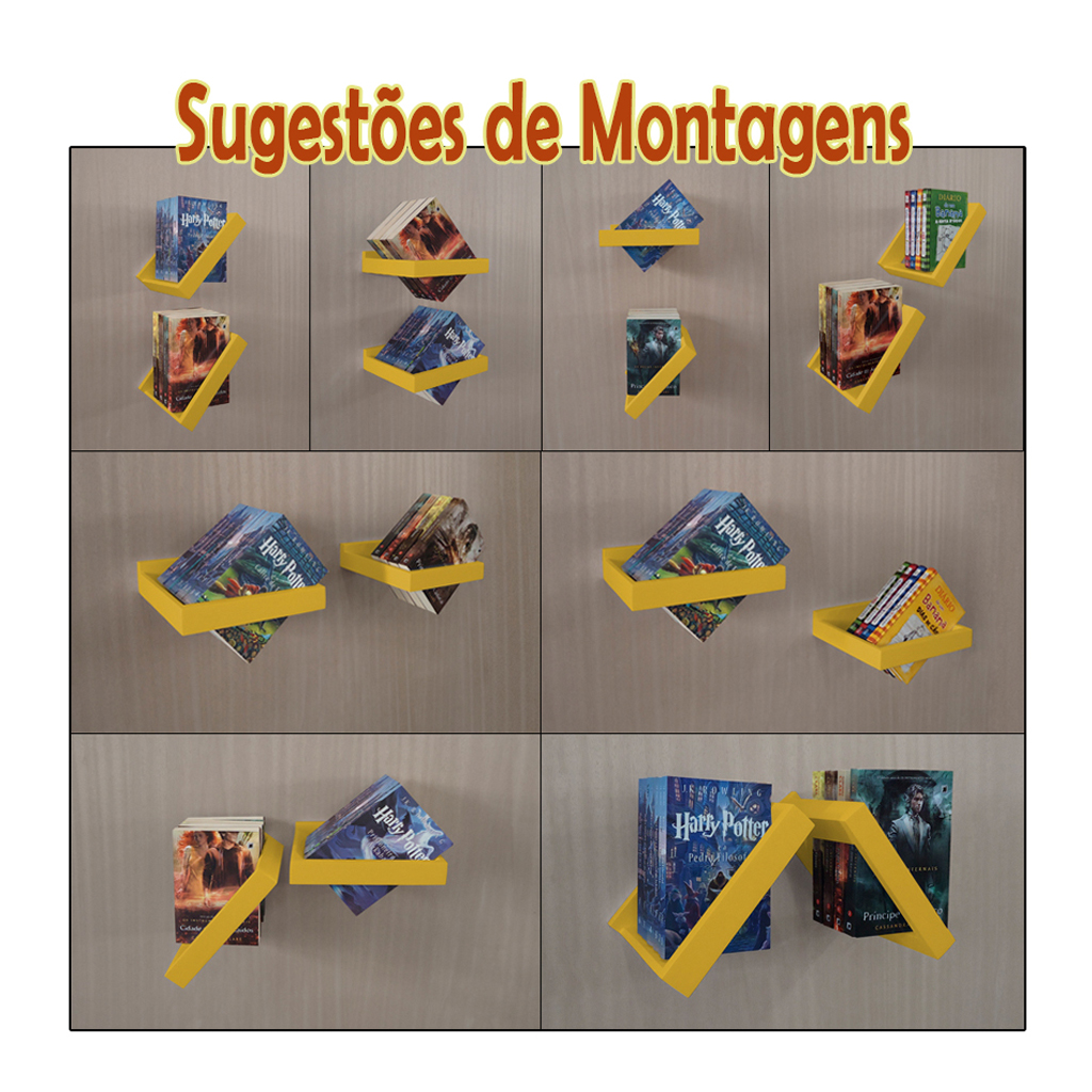 Prateleira Porta Livros Suporte Estante Nicho Decorativo 2 peças Parede - Amarelo Laca