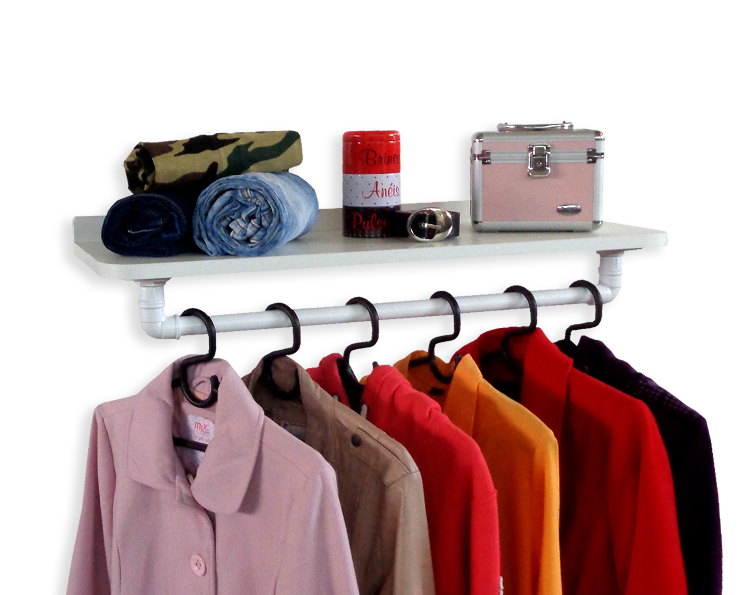 Prateleira Suporte Cabideiro de Parede Roupas e Acessórios Estilo Industrial - Branco Laca