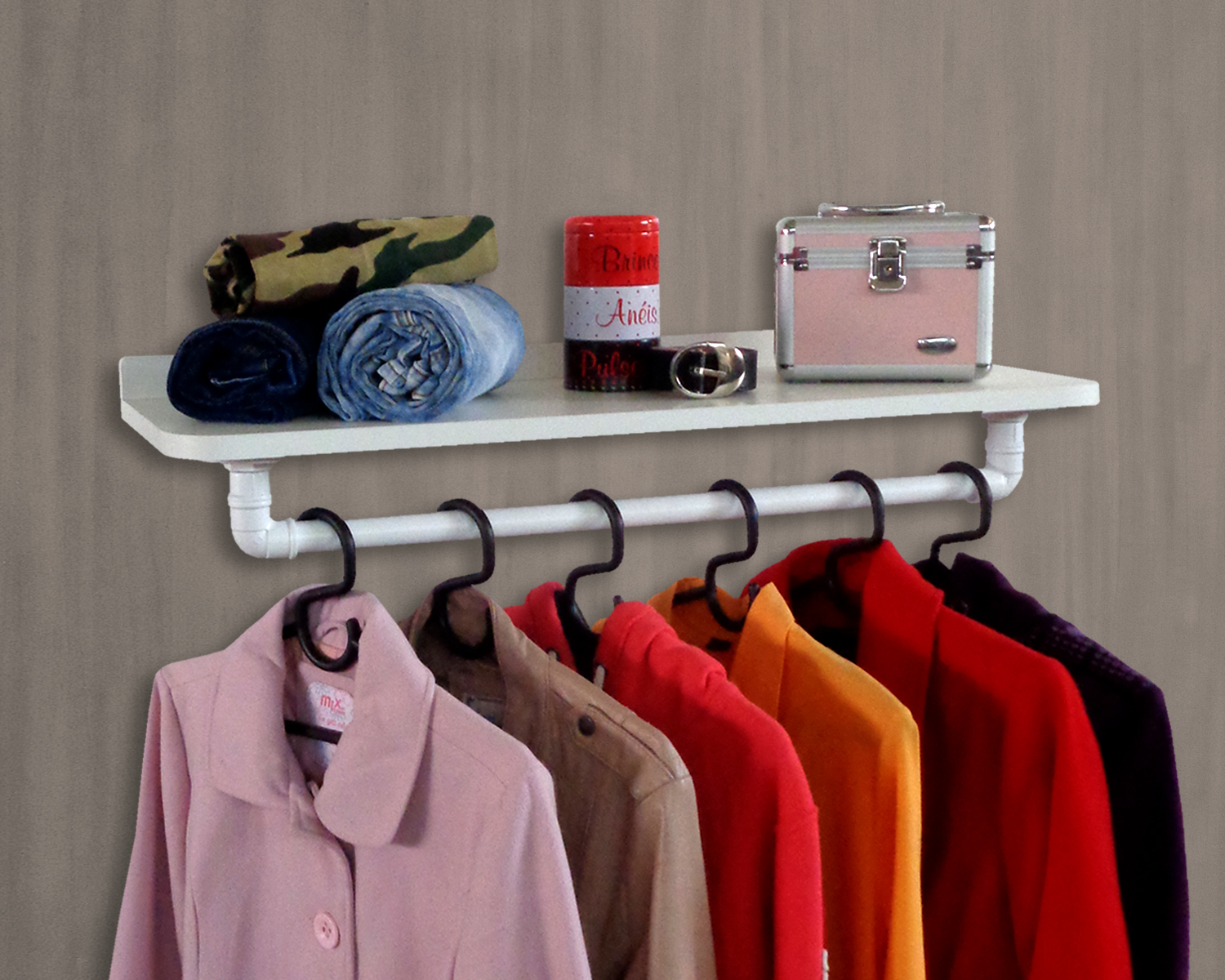 Prateleira Suporte Cabideiro de Parede Roupas e Acessórios Estilo Industrial - Branco Laca