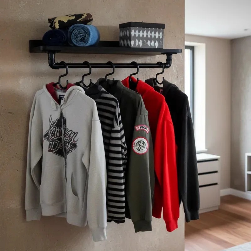 Prateleira Suporte Cabideiro de Parede Roupas e Acessórios Estilo Industrial - Preto Laca