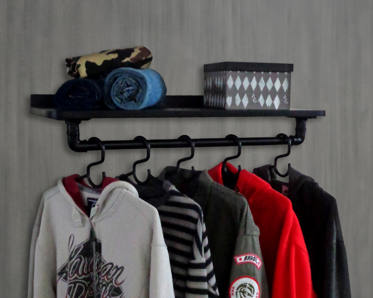 Prateleira Suporte Cabideiro de Parede Roupas e Acessórios Estilo Industrial - Preto Laca