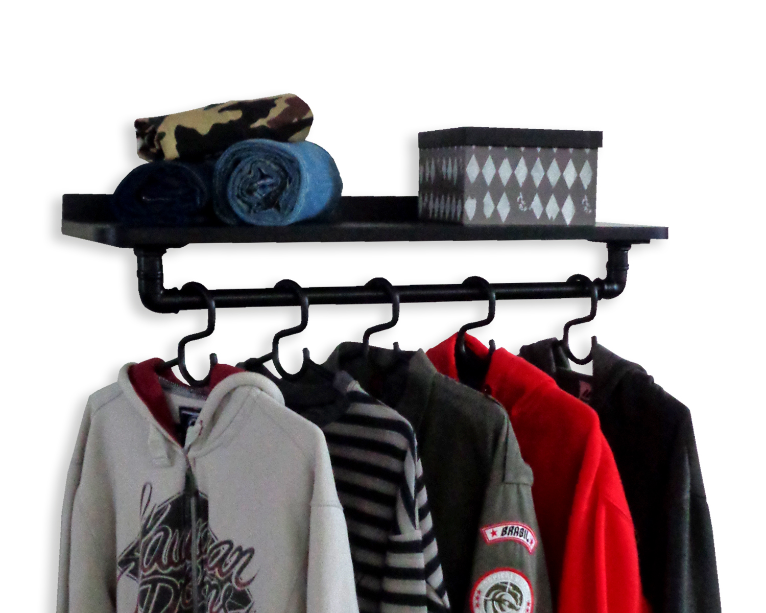 Prateleira Suporte Cabideiro de Parede Roupas e Acessórios Estilo Industrial - Preto Laca