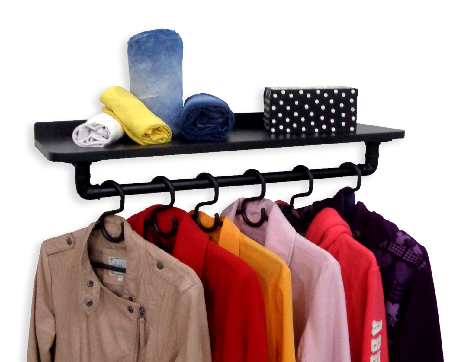 Prateleira Suporte Cabideiro de Parede Roupas e Acessórios Estilo Industrial - Preto Laca