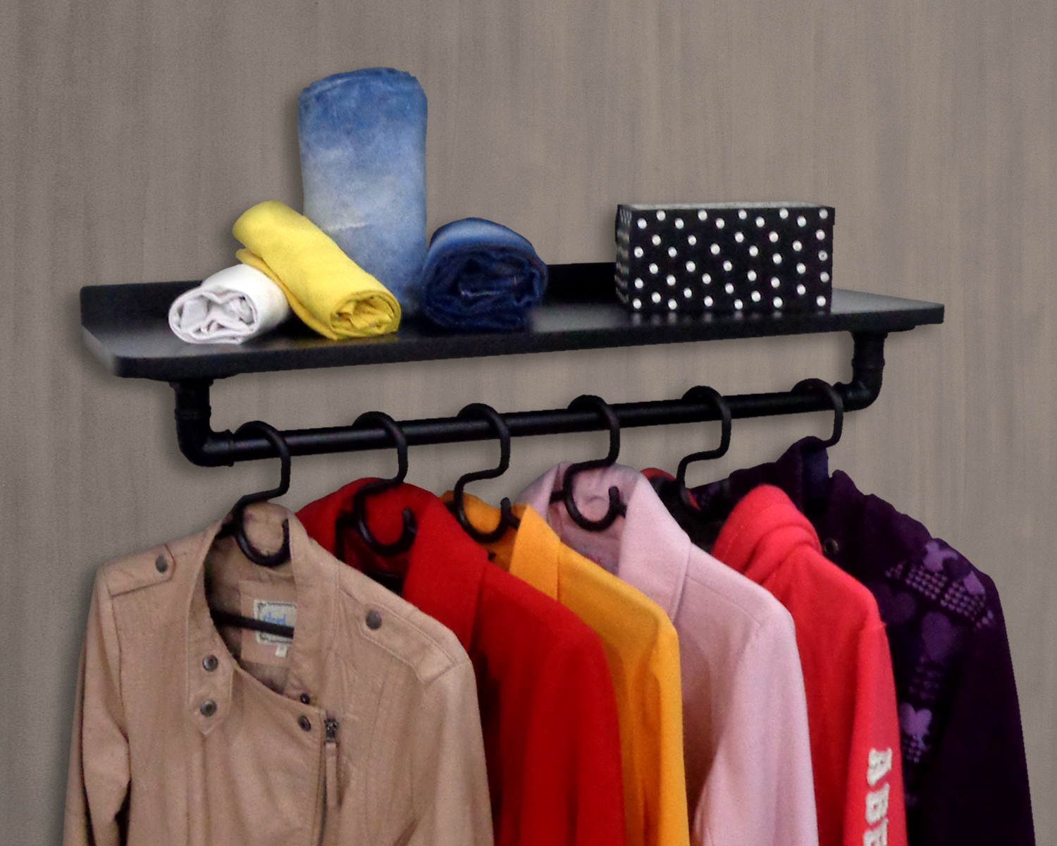 Prateleira Suporte Cabideiro de Parede Roupas e Acessórios Estilo Industrial - Preto Laca