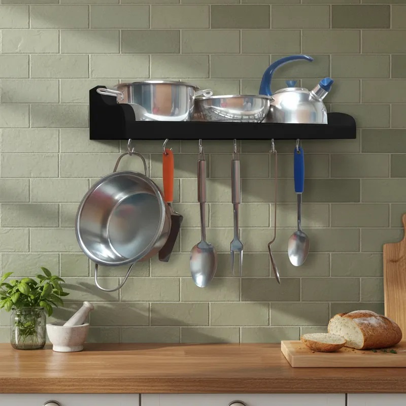 Prateleira Suporte Porta Panelas e Utensílios de Cozinha - Preto Laca