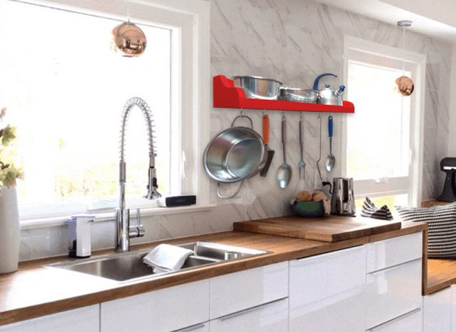 Prateleira Suporte Porta Panelas e Utensílios de Cozinha - Vermelho Laca