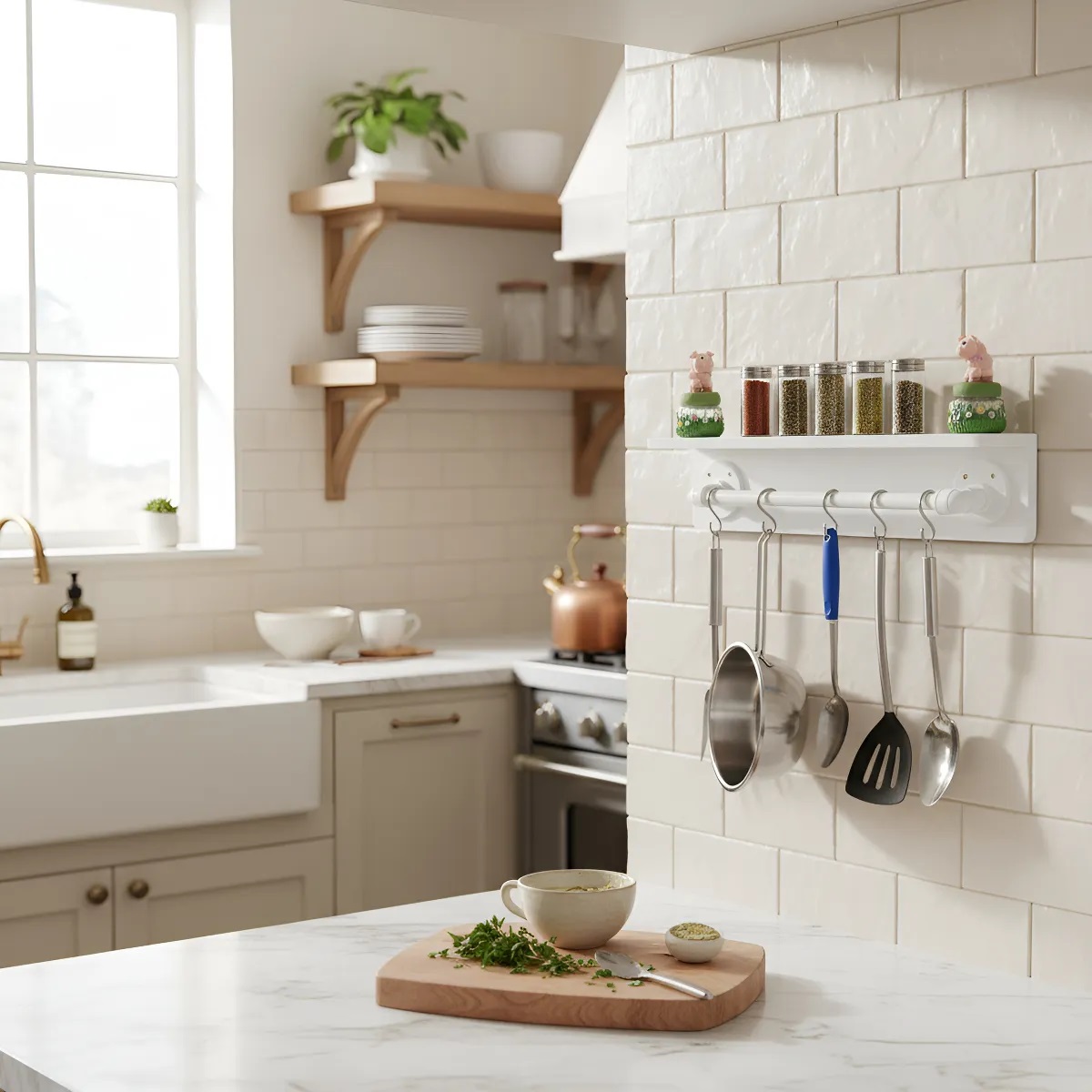 Prateleira para Temperos e Suporte Utensílios e Panelas Cozinha Estilo Industrial Branco Laca