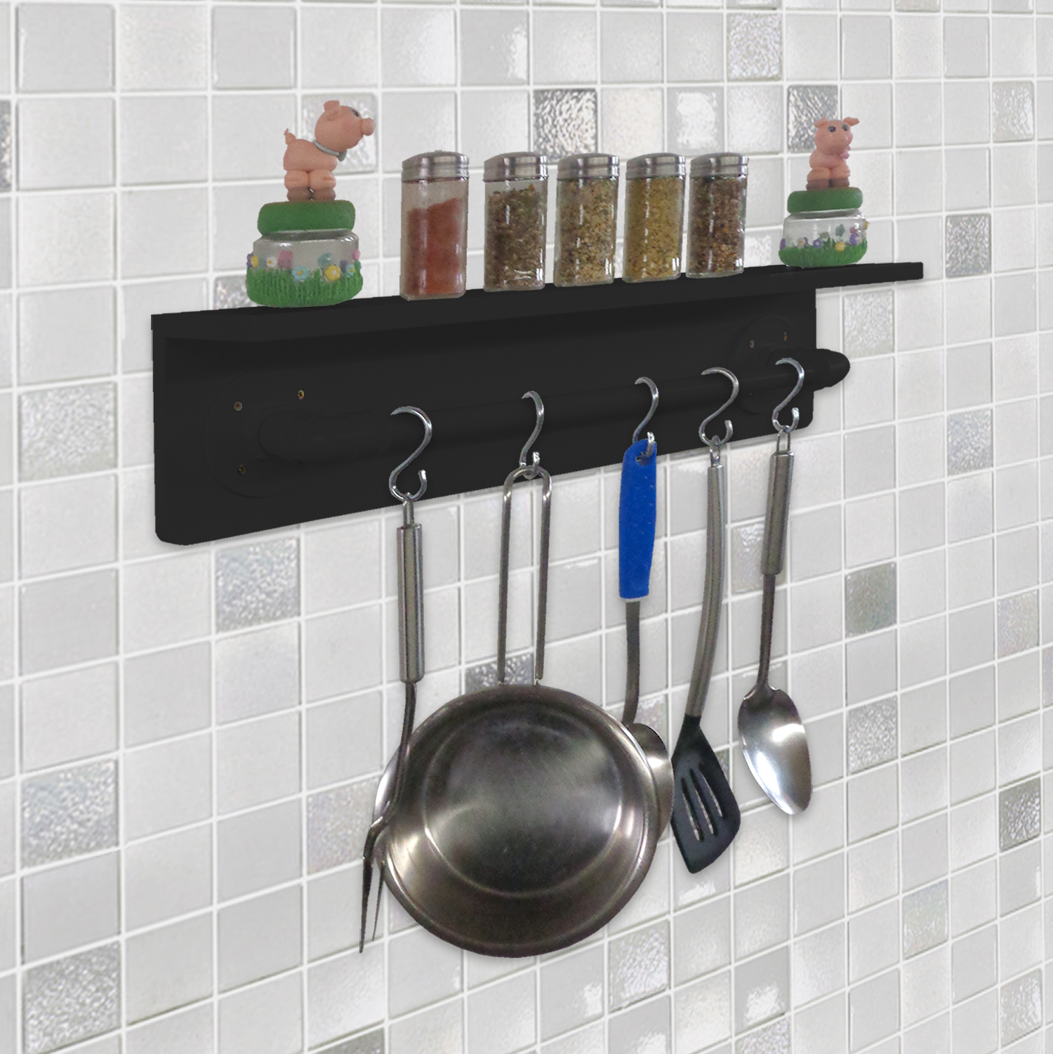 Prateleira para Temperos e Suporte Utensílios e Panelas Cozinha Estilo Industrial Preto Laca