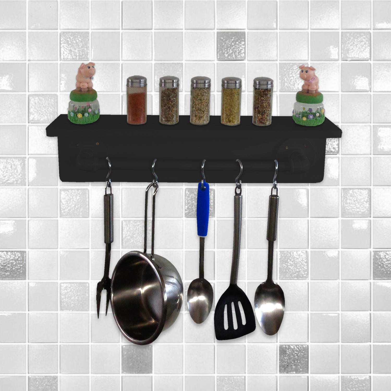 Prateleira para Temperos e Suporte Utensílios e Panelas Cozinha Estilo Industrial Preto Laca