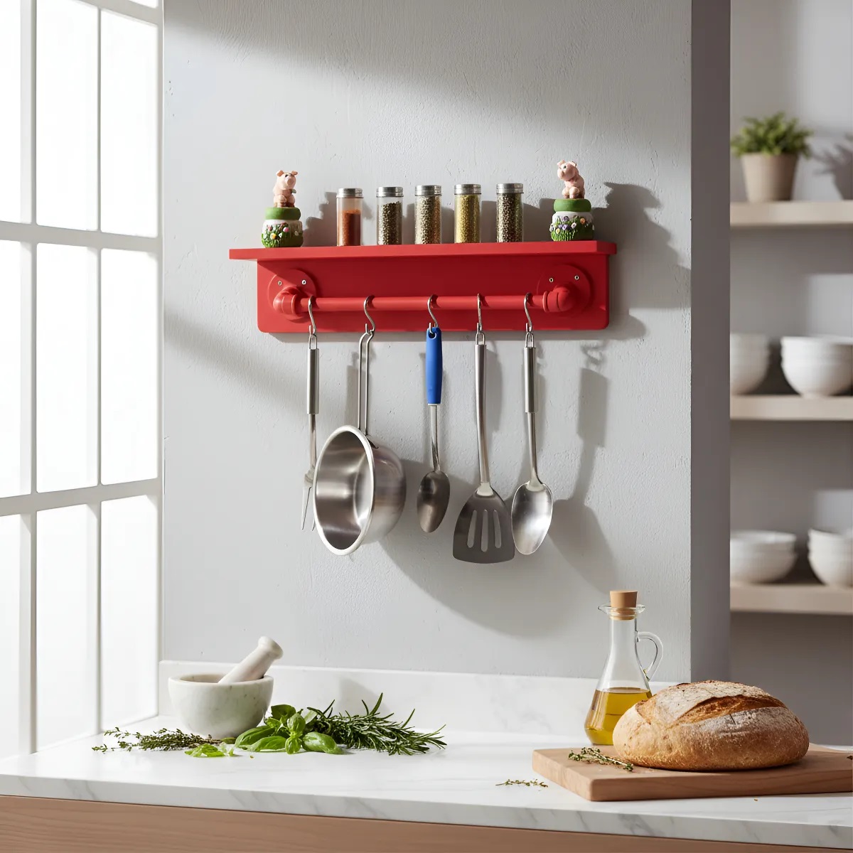 Prateleira para Temperos e Suporte Utensílios e Panelas Cozinha Estilo Industrial Vermelho Laca