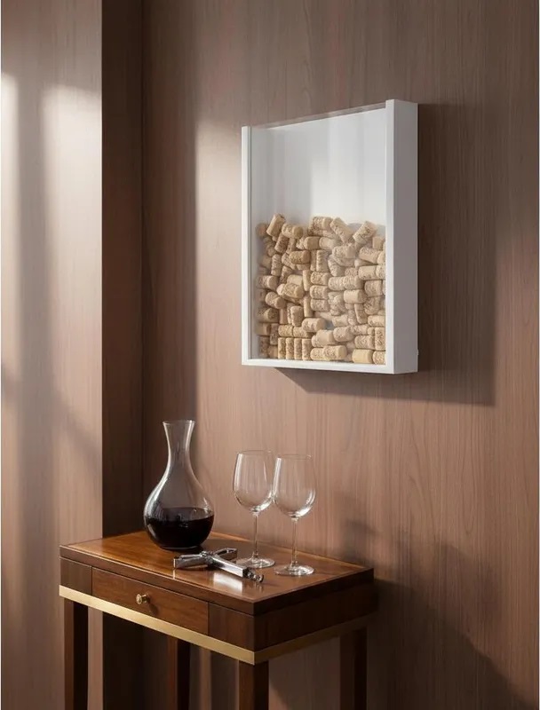 Quadro Porta Rolhas de Vinho Champanhe Tampinhas Decorativo de Parede - Branco Laca