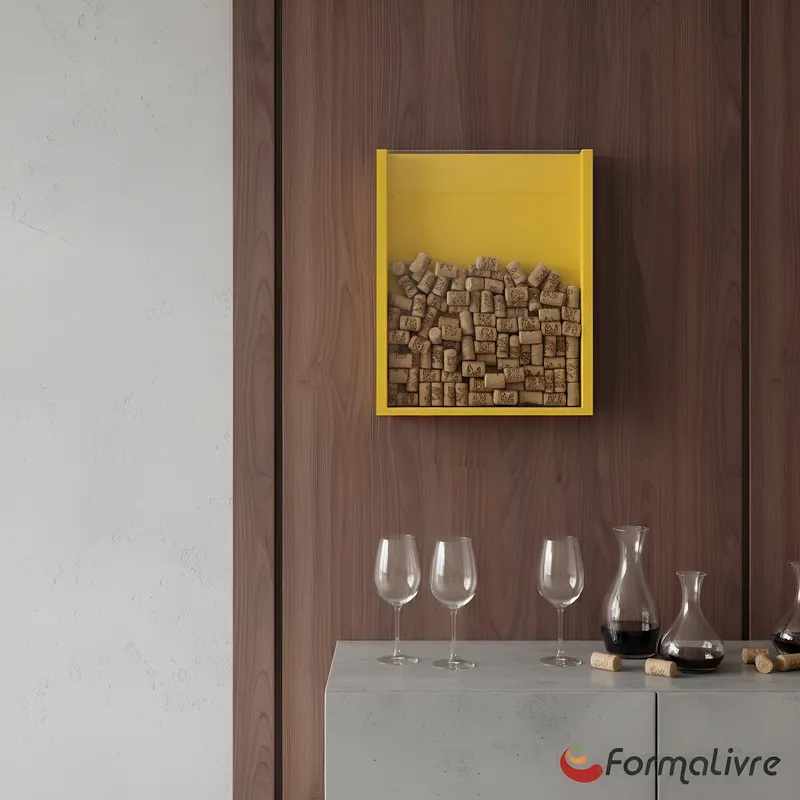 Quadro Porta Rolhas de Vinho Champanhe Tampinhas Decorativo de Parede Amarelo Laca