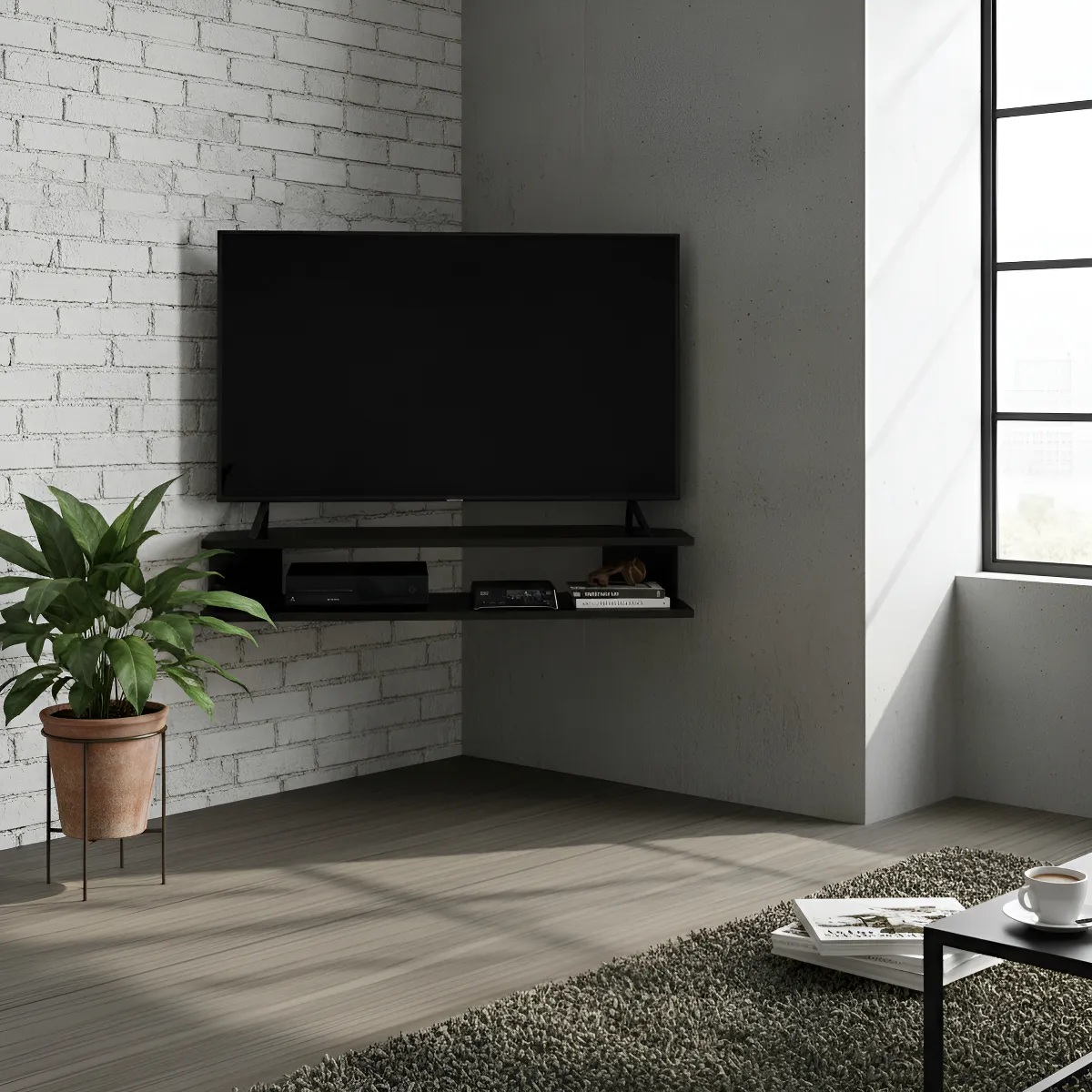 Rack Suspenso para TV de até 50” Aparador Bancada Estante de Canto Preto