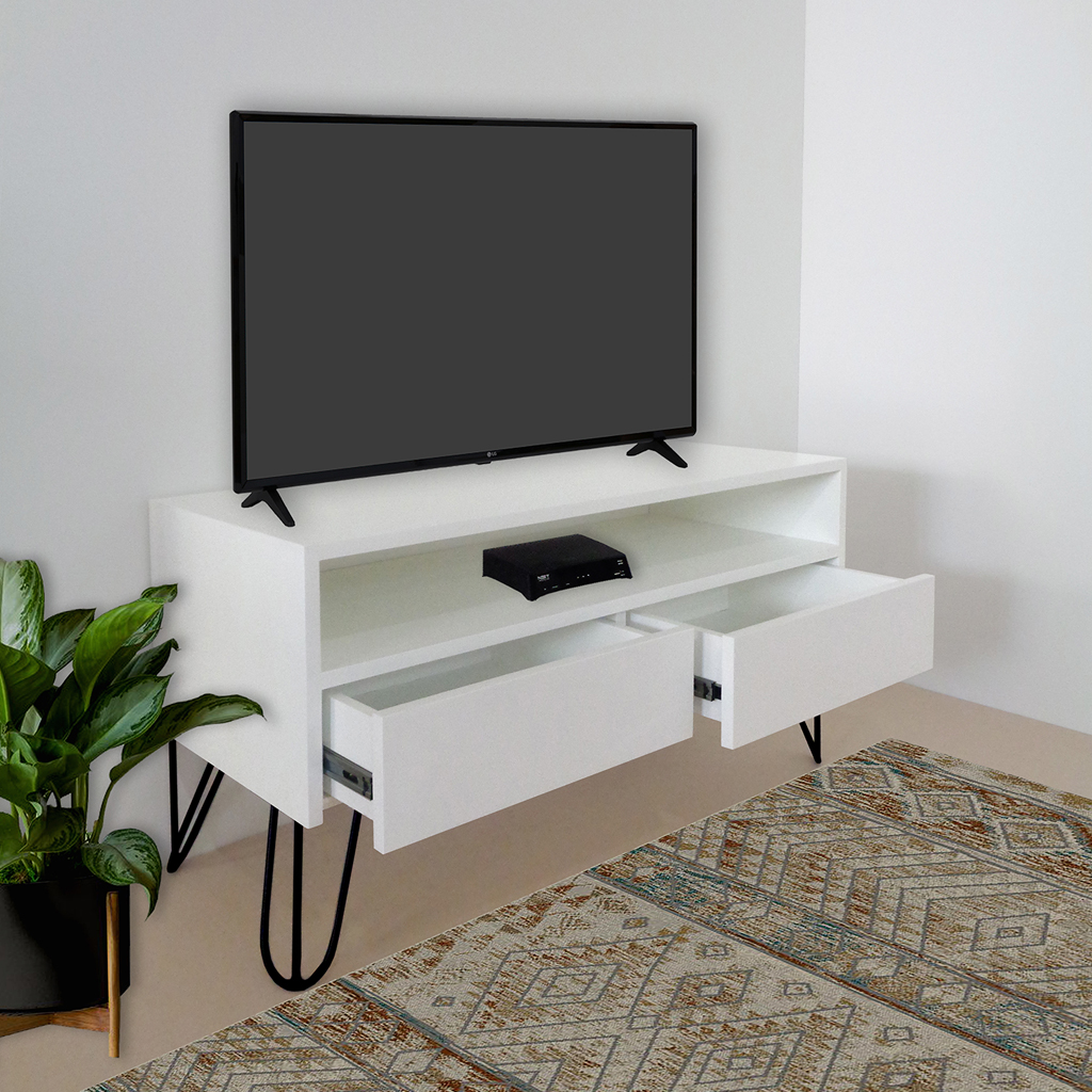 Rack para TV Bancada Com Nicho e Gaveta Pés Hairpin Legs Estilo Industrial Branco Laca
