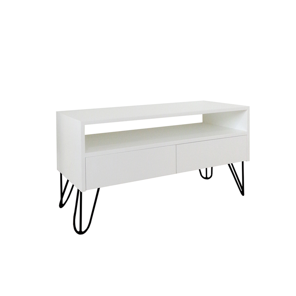 Rack para TV Bancada Com Nicho e Gaveta Pés Hairpin Legs Estilo Industrial Branco Laca