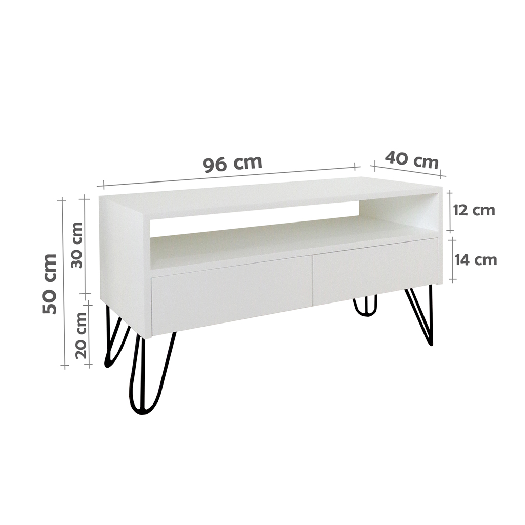 Rack para TV Bancada Com Nicho e Gaveta Pés Hairpin Legs Estilo Industrial Branco Laca