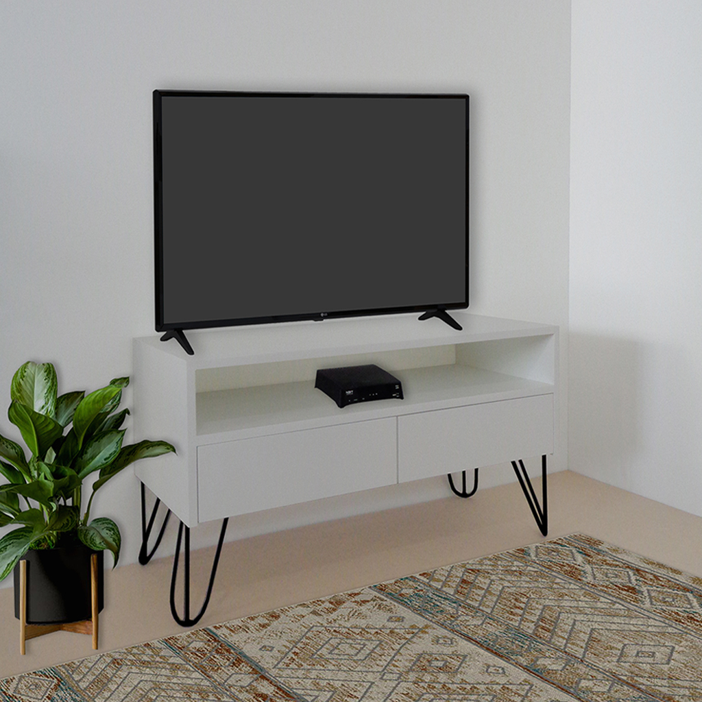 Rack para TV Bancada Com Nicho e Gaveta Pés Hairpin Legs Estilo Industrial Off White Laca