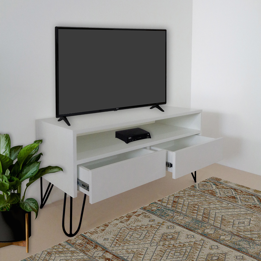 Rack para TV Bancada Com Nicho e Gaveta Pés Hairpin Legs Estilo Industrial Off White Laca