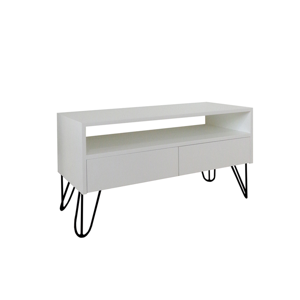 Rack para TV Bancada Com Nicho e Gaveta Pés Hairpin Legs Estilo Industrial Off White Laca