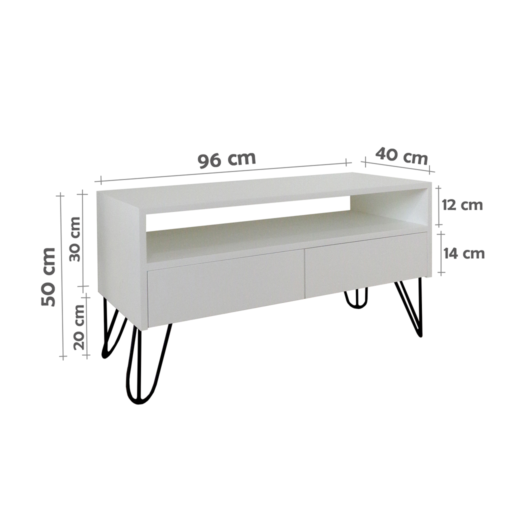Rack para TV Bancada Com Nicho e Gaveta Pés Hairpin Legs Estilo Industrial Off White Laca