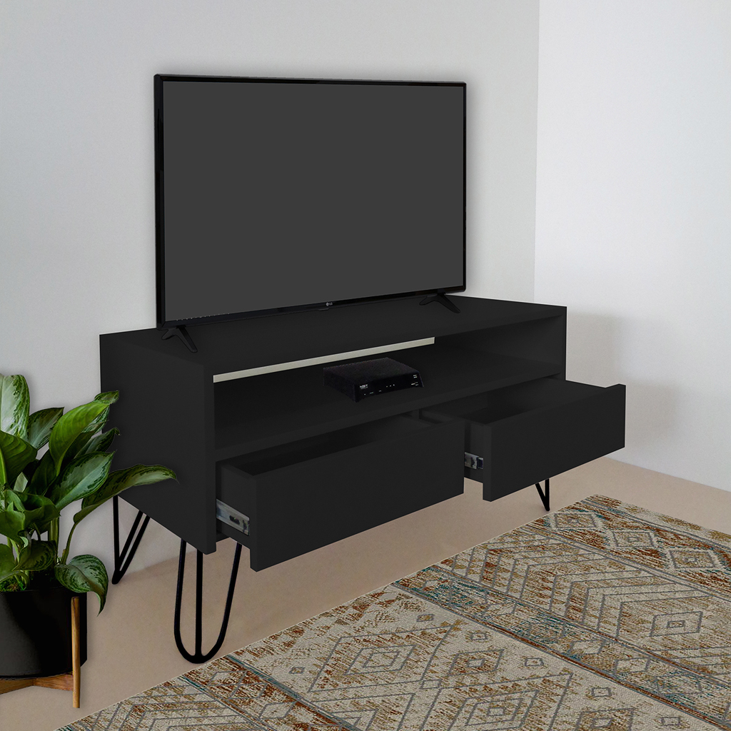 Rack para TV Bancada Com Nicho e Gaveta Pés Hairpin Legs Estilo Industrial Preto Laca