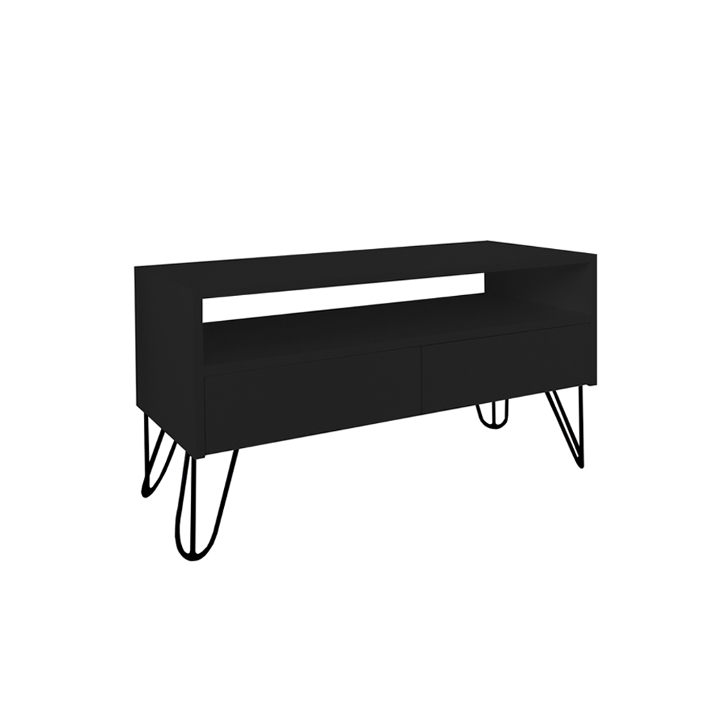 Rack para TV Bancada Com Nicho e Gaveta Pés Hairpin Legs Estilo Industrial Preto Laca