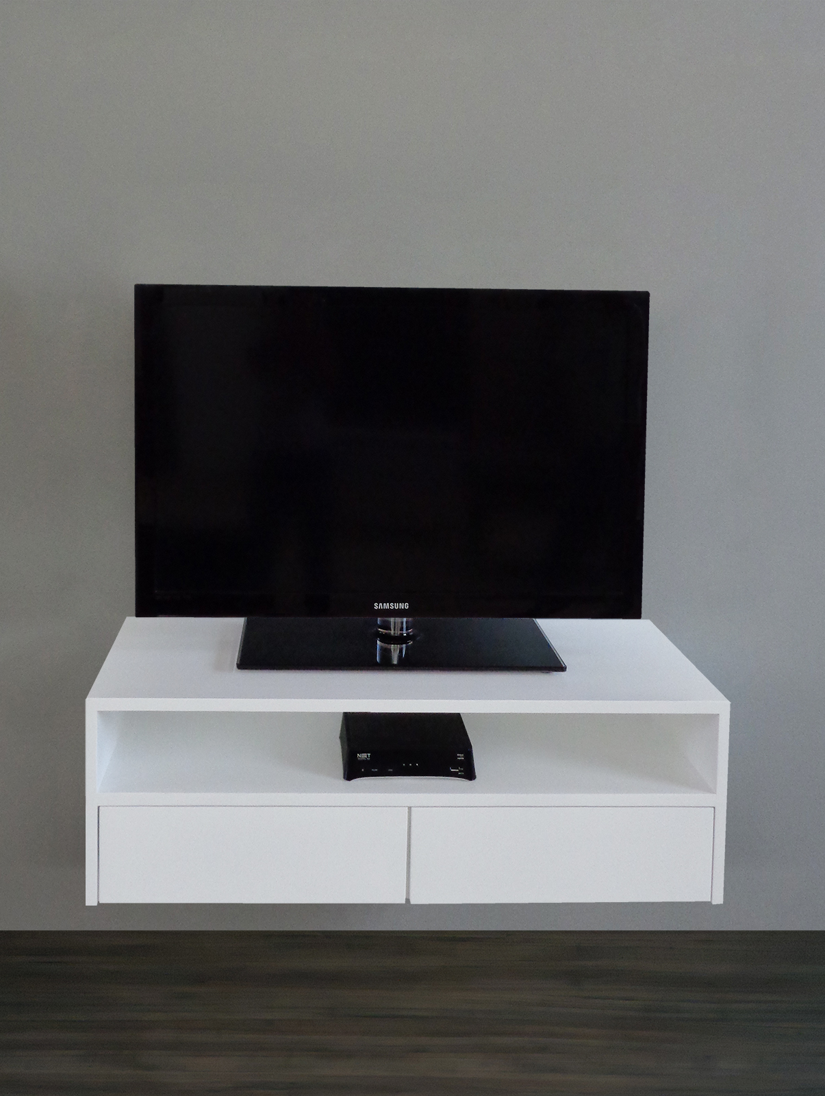 Rack para TV Suspenso Bancada Com Nicho e Gaveta Branco Laca