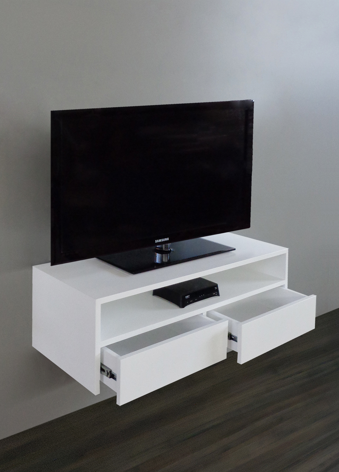 Rack para TV Suspenso Bancada Com Nicho e Gaveta Branco Laca