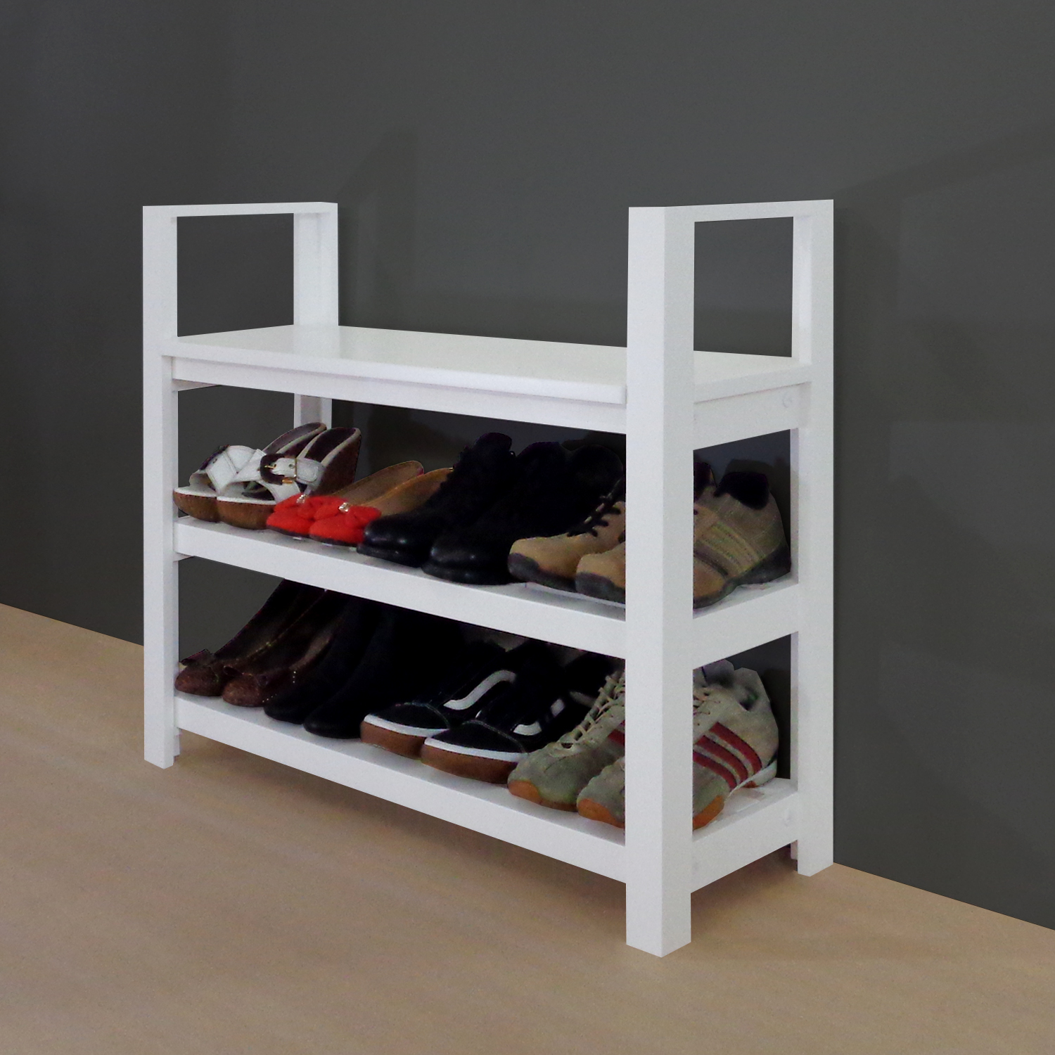 Sapateira Banco com Braço de Piso para Closets e Quartos 8 Pares Sapatos - Branco Laca