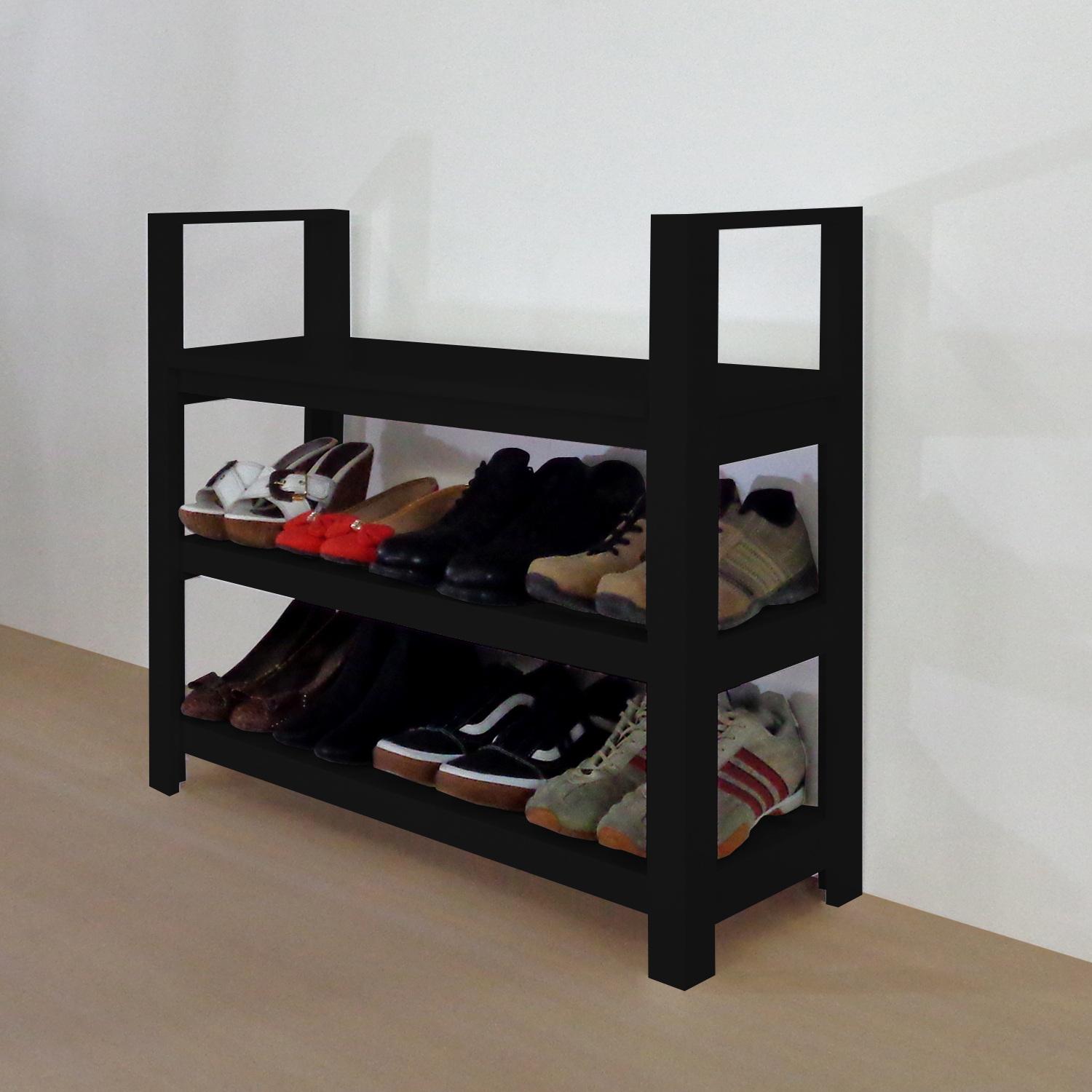 Sapateira Banco com Braço de Piso para Closets e Quartos 8 Pares Sapatos - Preto Laca