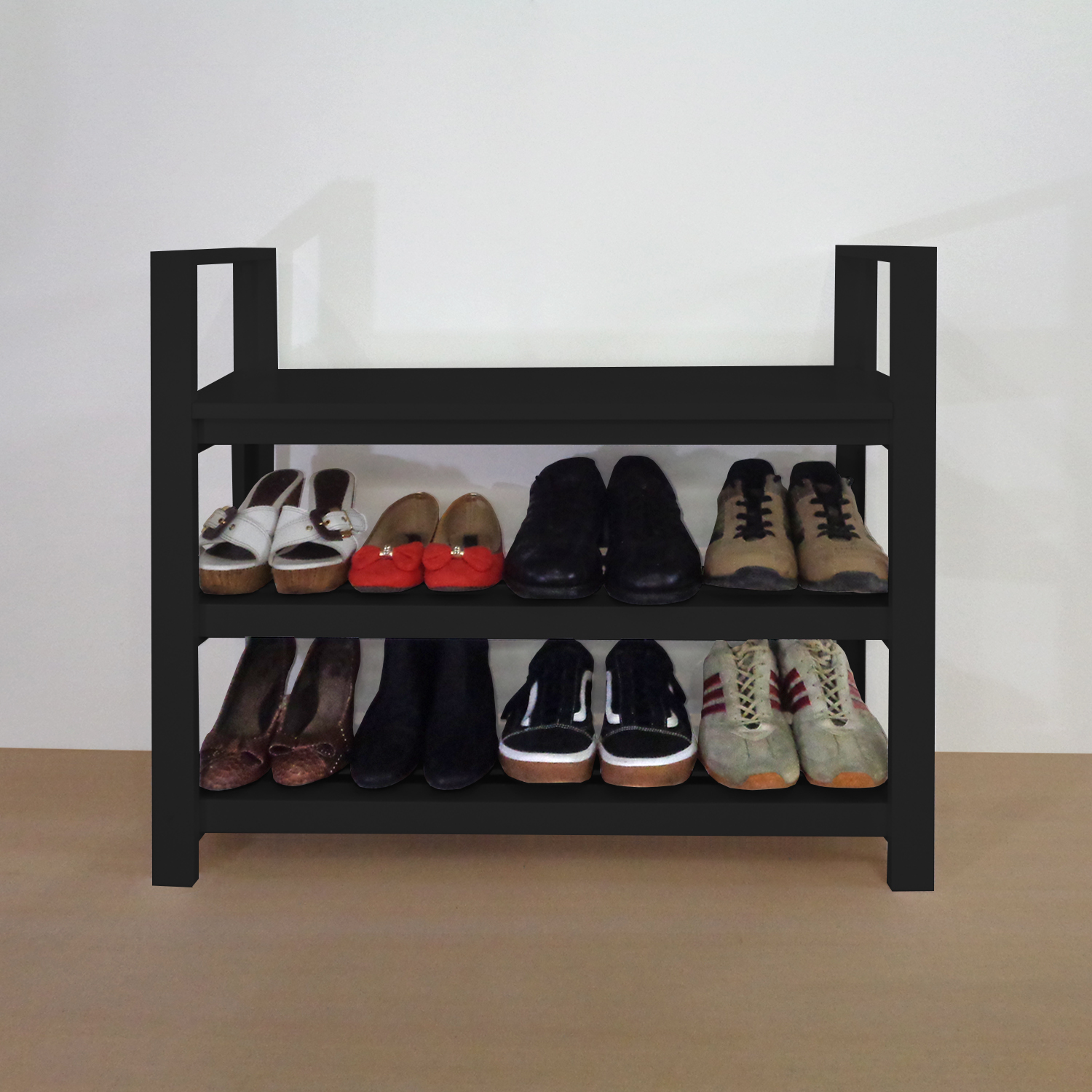 Sapateira Banco com Braço de Piso para Closets e Quartos 8 Pares Sapatos - Preto Laca