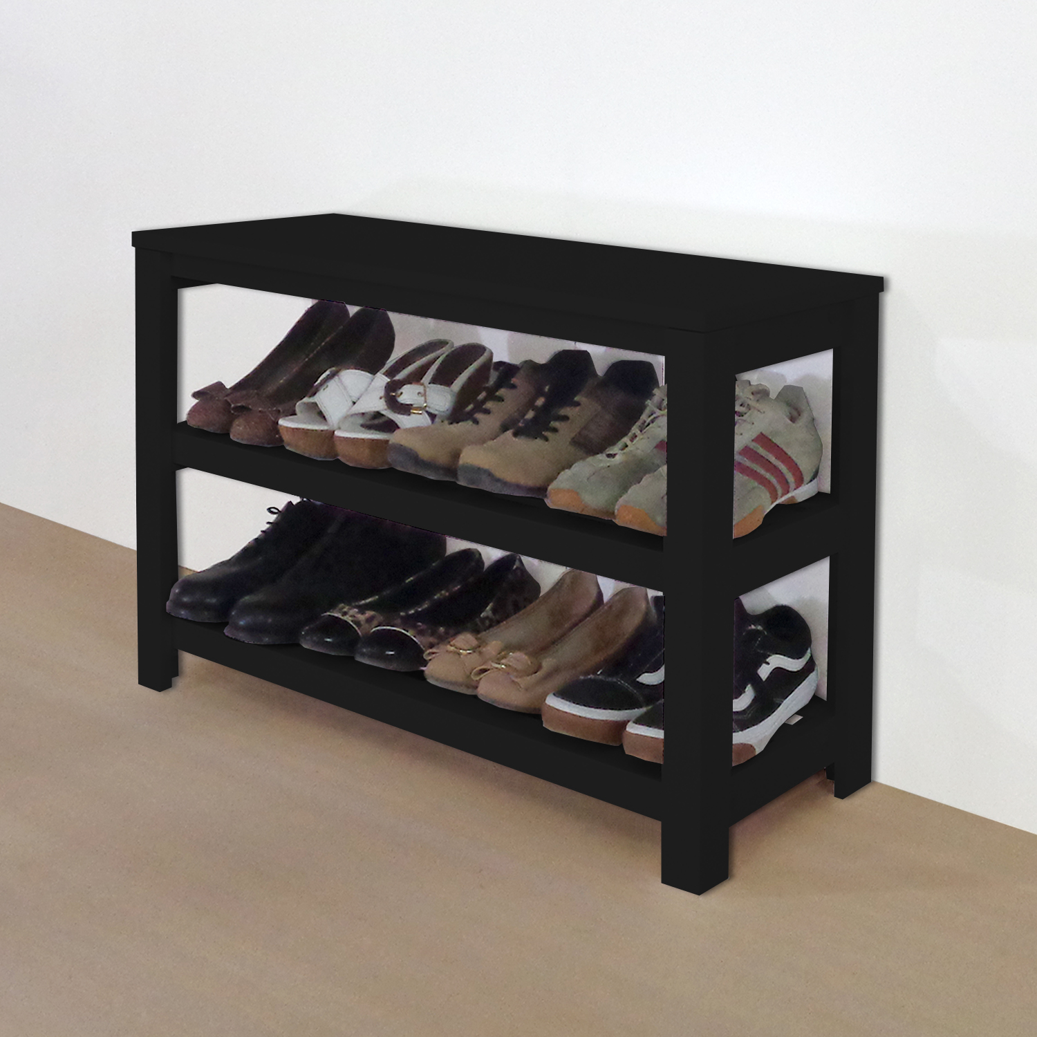 Sapateira Banco de Piso para Closets e Quartos 8 Pares Sapatos - Preto Laca
