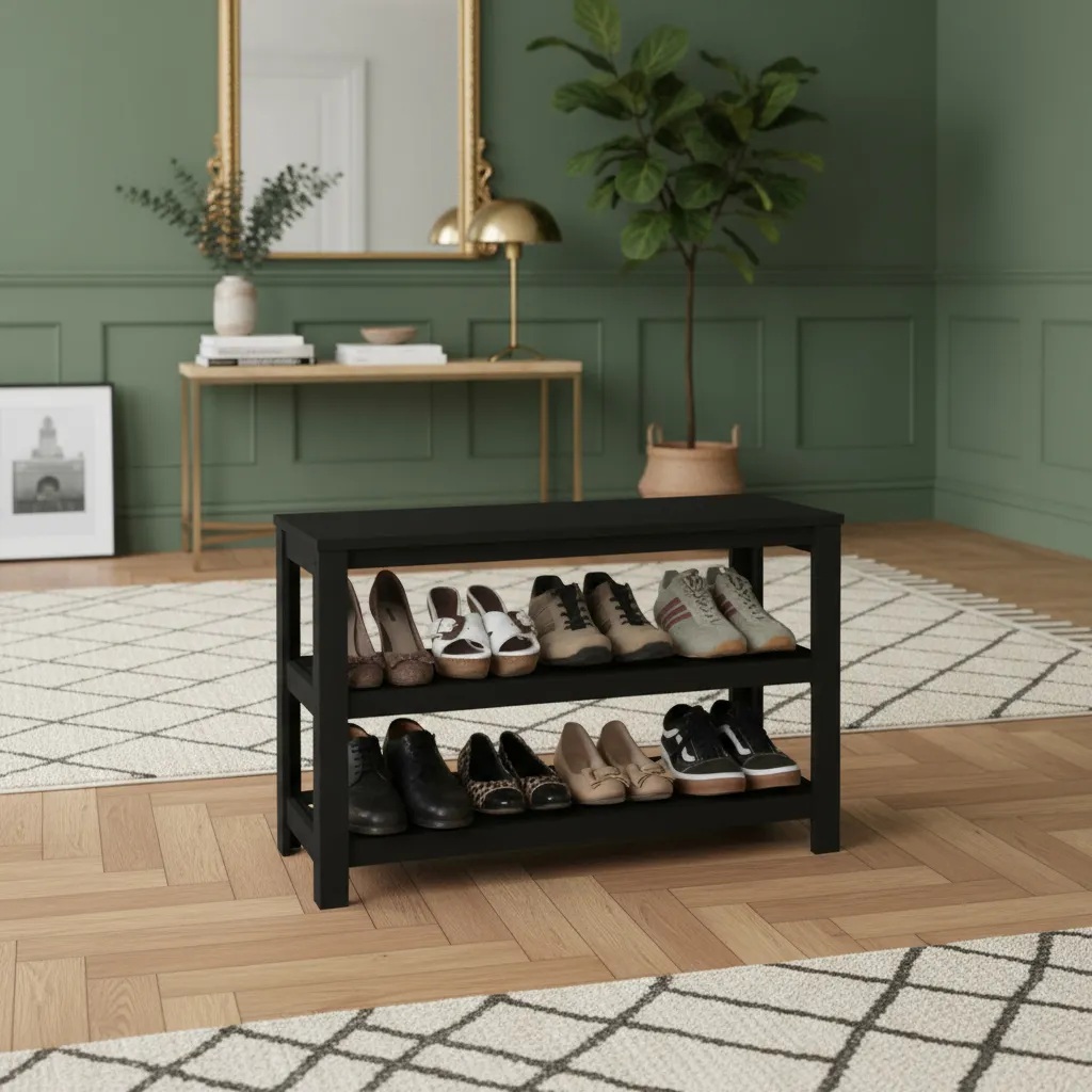 Sapateira Banco de Piso para Closets e Quartos 8 Pares Sapatos - Preto Laca