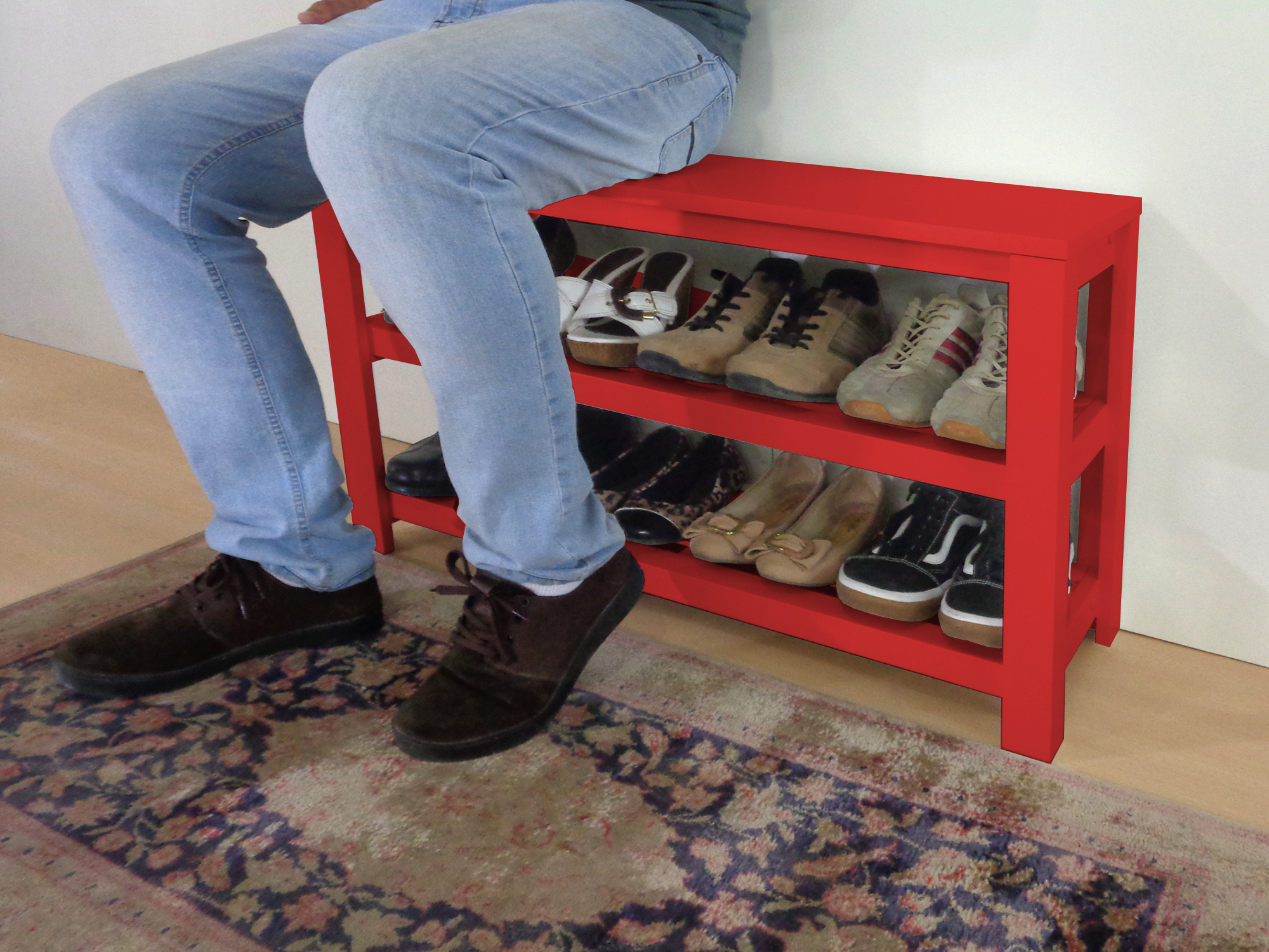Sapateira Banco de Piso para Closets e Quartos 8 Pares Sapatos - Vermelho Laca