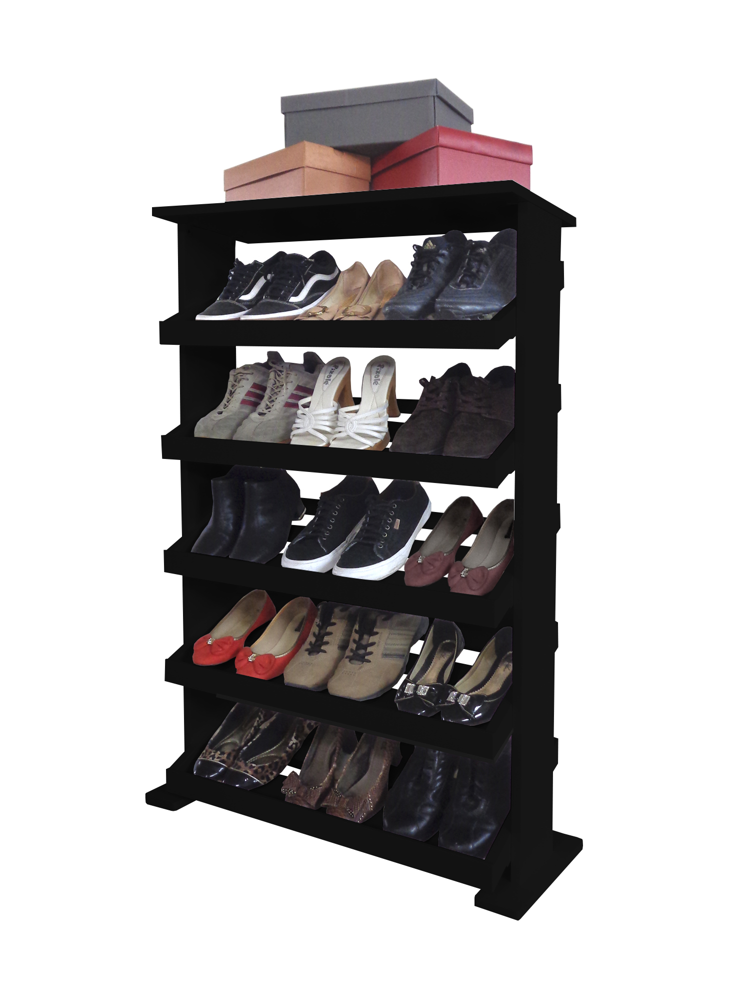 Sapateira de Piso Chão para Closets e Quartos 15 Pares Sapatos - Preto Laca