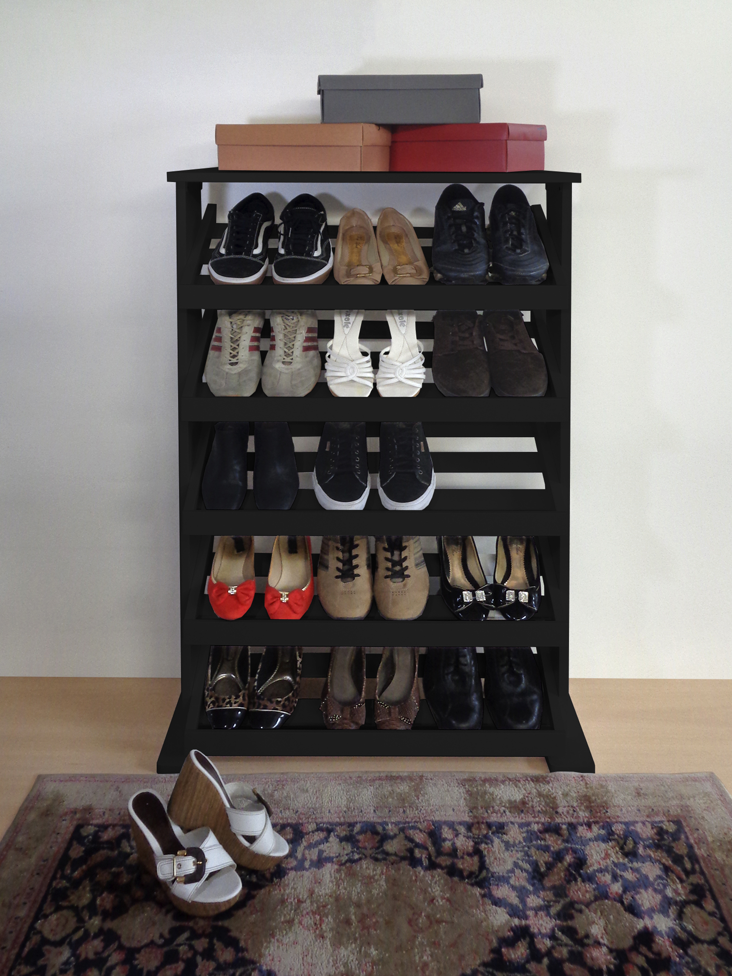 Sapateira de Piso Chão para Closets e Quartos 15 Pares Sapatos - Preto Laca