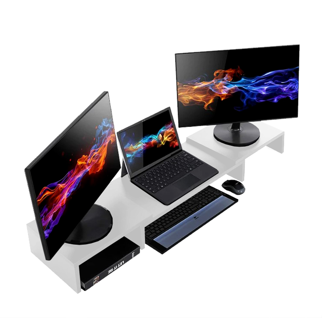Suporte de Mesa Base Elevada Ajustável 3 Monitores Gamer Notebook Branco