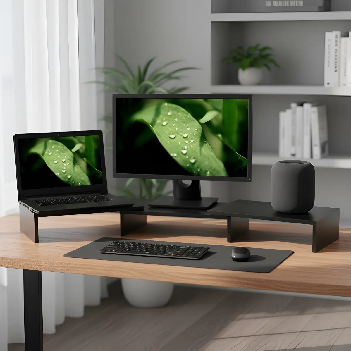 Suporte de Mesa Base Elevada Ajustável 3 Monitores Gamer Notebook Preto