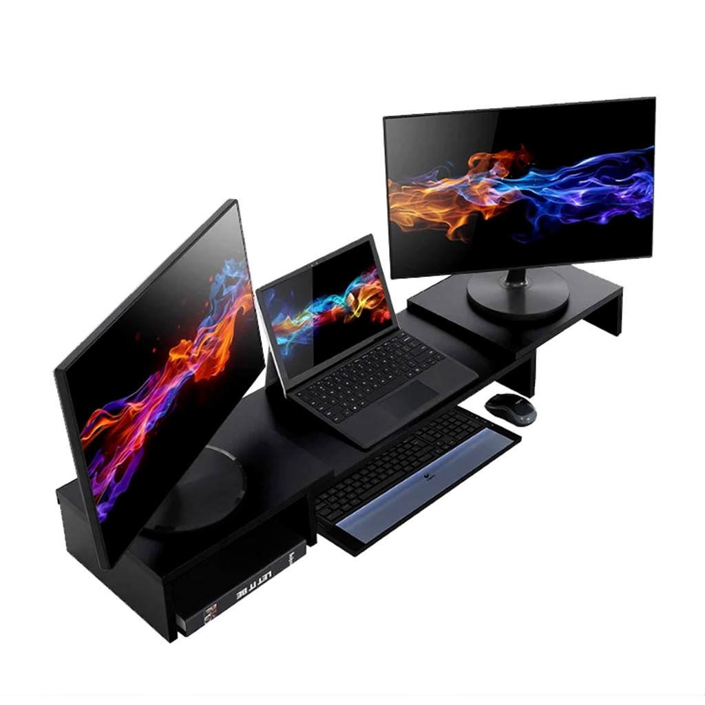 Suporte de Mesa Base Elevada Ajustável 3 Monitores Gamer Notebook Preto