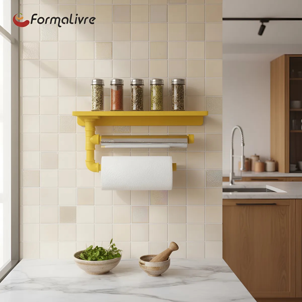 Suporte de Parede Porta Papel Toalhas e Prateleira para Temperos Cozinha Estilo Industrial Amarelo Laca