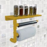 Suporte de Parede Porta Papel Toalhas e Prateleira para Temperos Cozinha Estilo Industrial Amarelo Laca