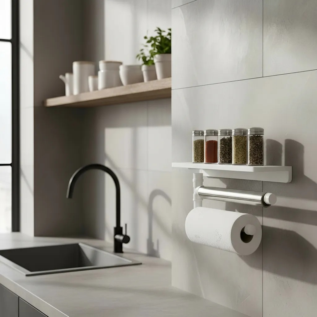Suporte de Parede Porta Papel Toalhas e Prateleira para Temperos Cozinha Estilo Industrial Branco Laca