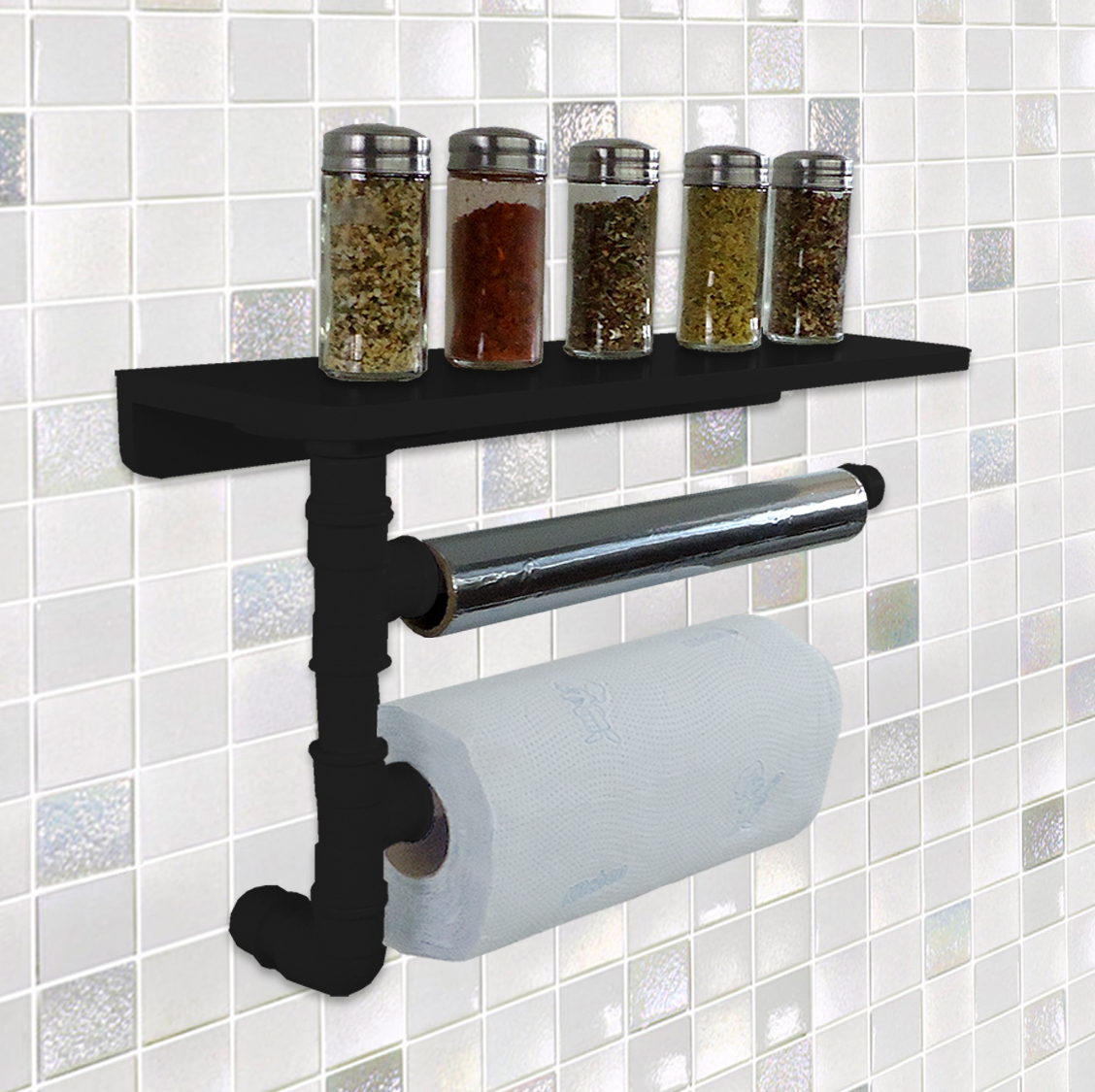 Suporte de Parede Porta Papel Toalhas e Prateleira para Temperos Cozinha Estilo Industrial Preto Laca